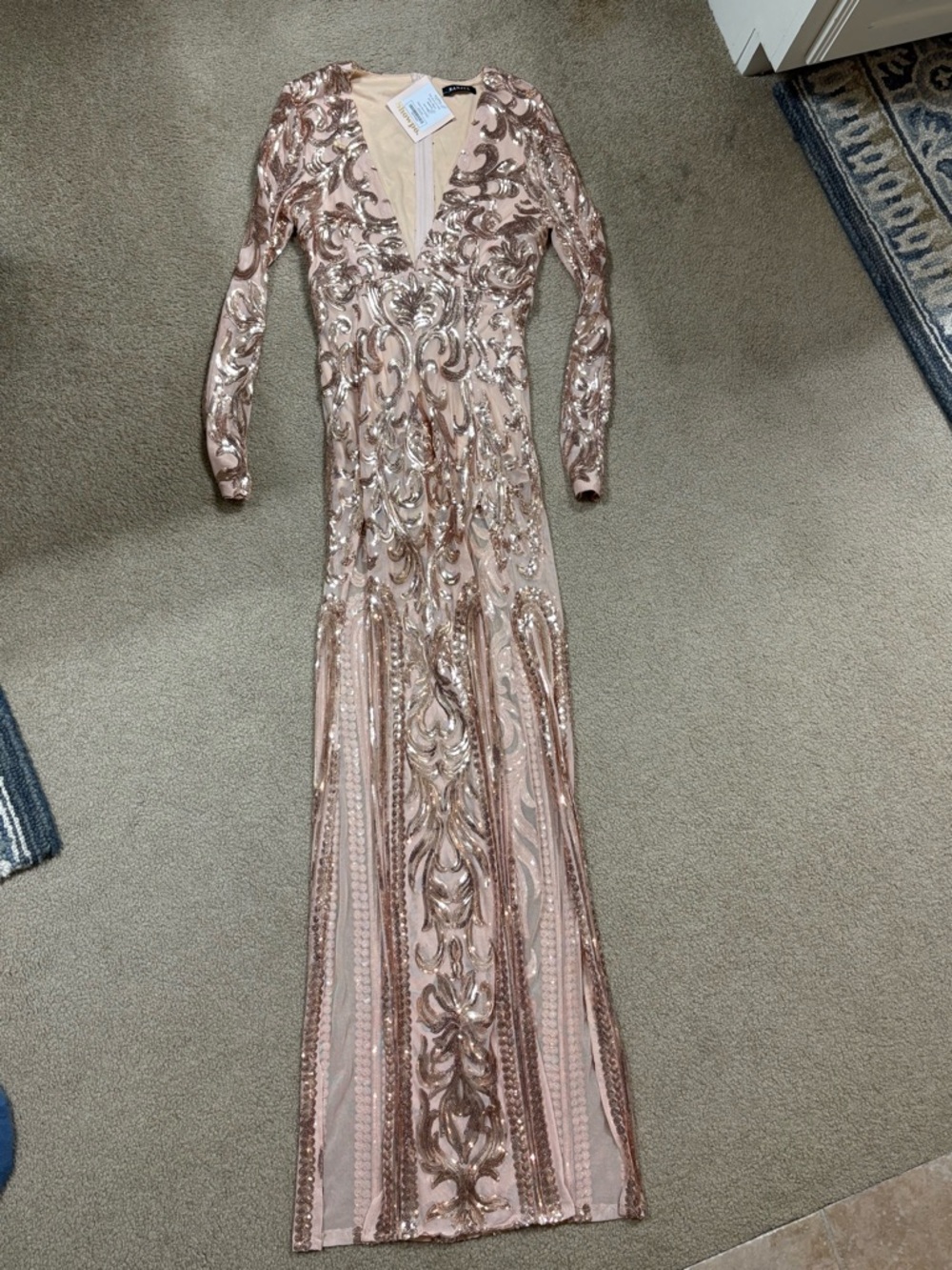 Banjul Rose Gold Sequin Deep V Long Sleeve Gown